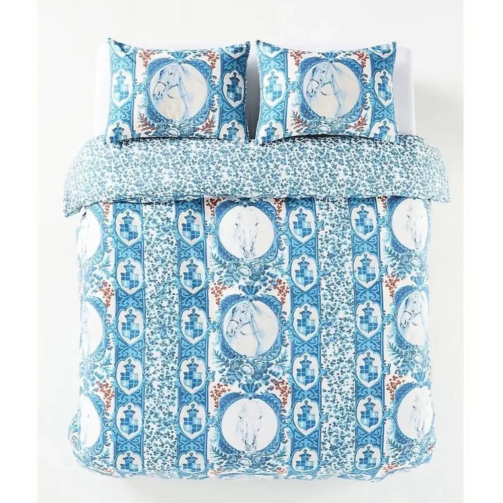 Anthropologie Mind The Gap Duvet Cover QUEEN Blue Cotton Floral Horses New